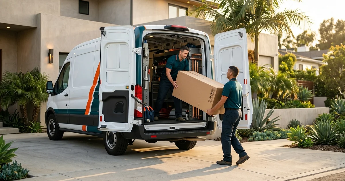 Total Tankless of SoCal service van in front of a Los Angeles home with technicians unloading a tankless unit