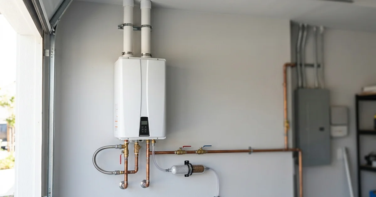 Condensing tankless unit with condensate neutralizer and PVC vents on a garage wall