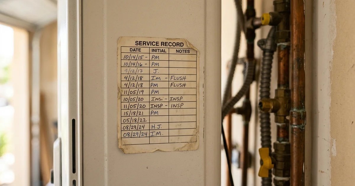 Dated service record sticker on the side of a tankless water heater