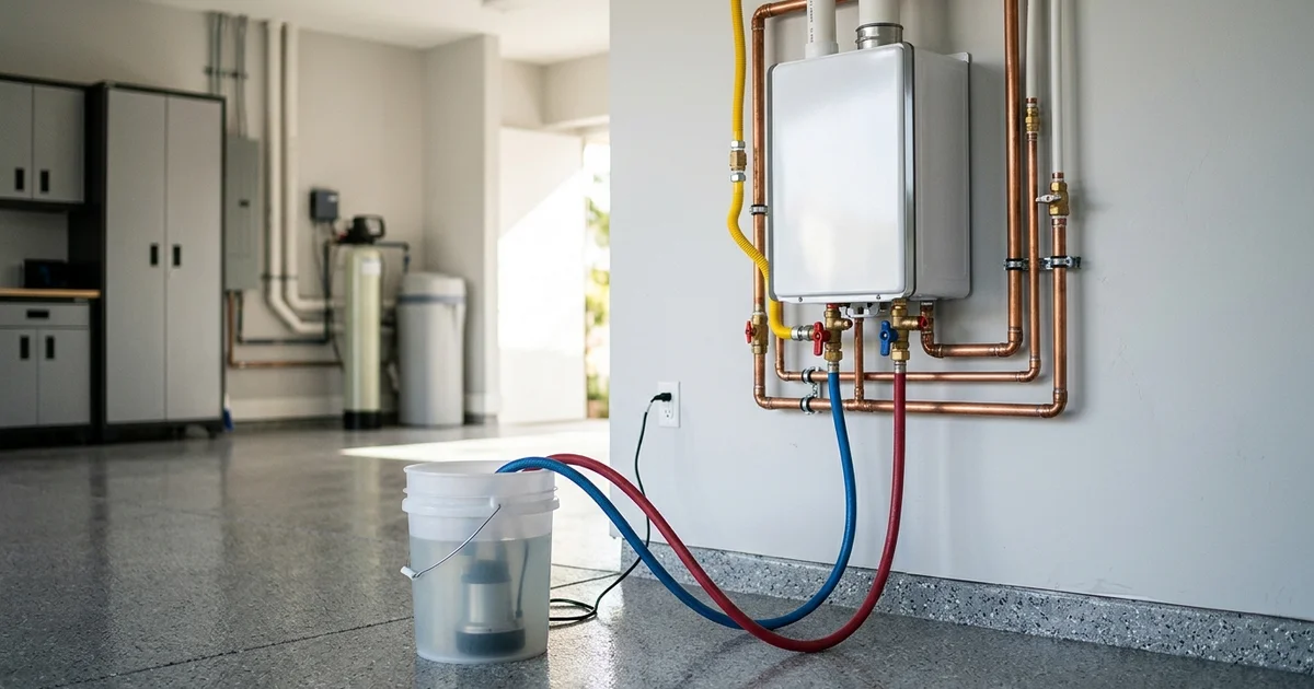 Flush pump bucket and hoses connected to tankless service valves