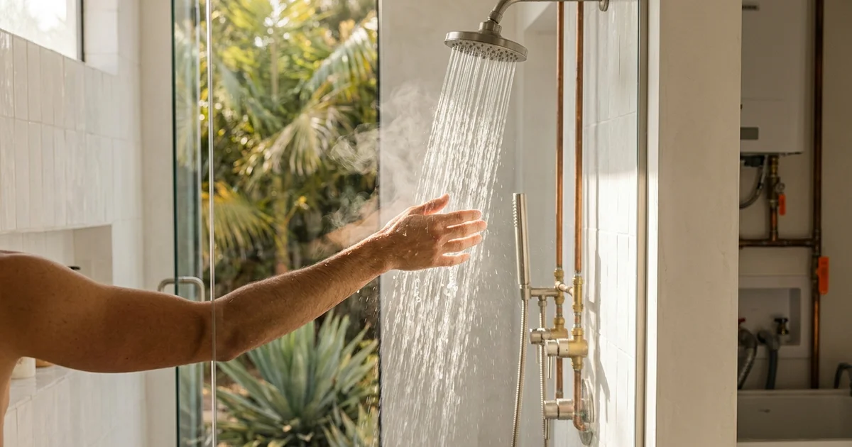 Hand testing shower water temperature in a modern bathroom