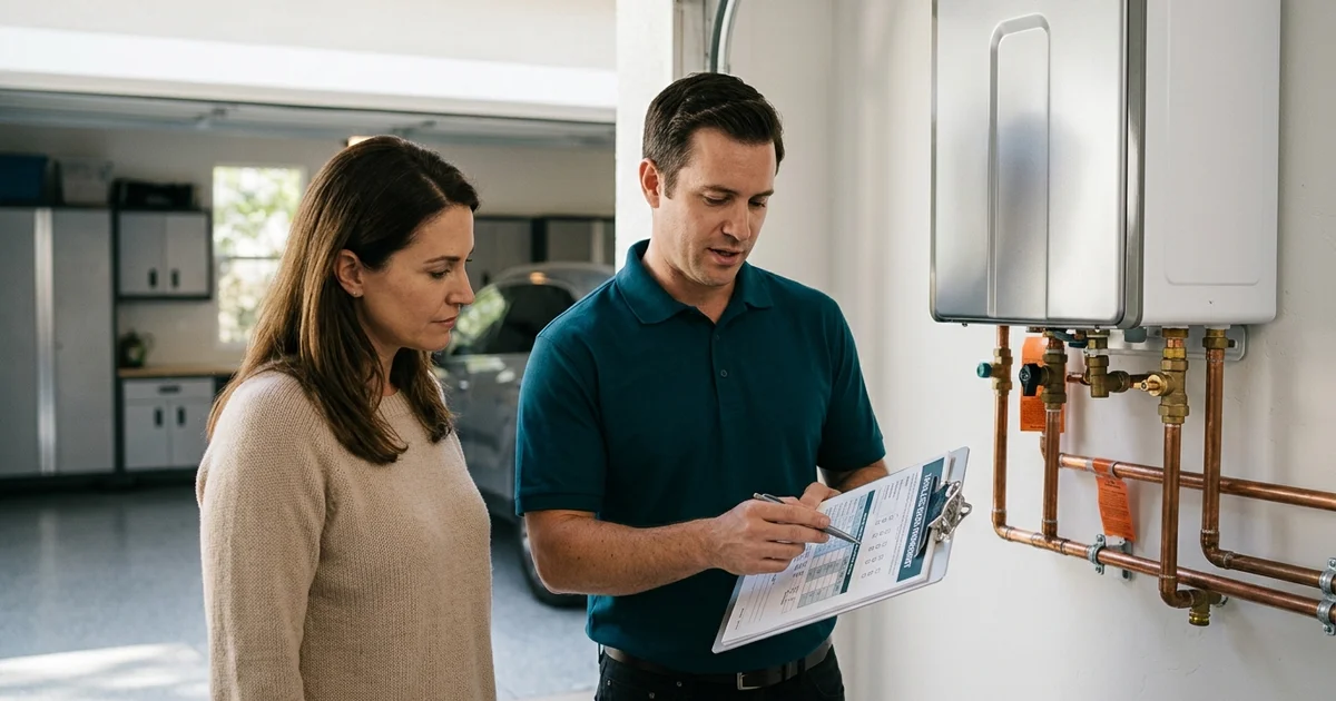 Homeowner and technician reviewing a sizing worksheet beside a tankless unit