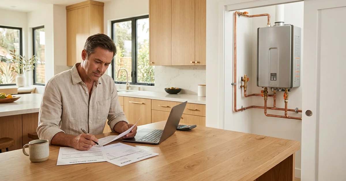 Homeowner reviewing rebate paperwork and an installation invoice at a kitchen table