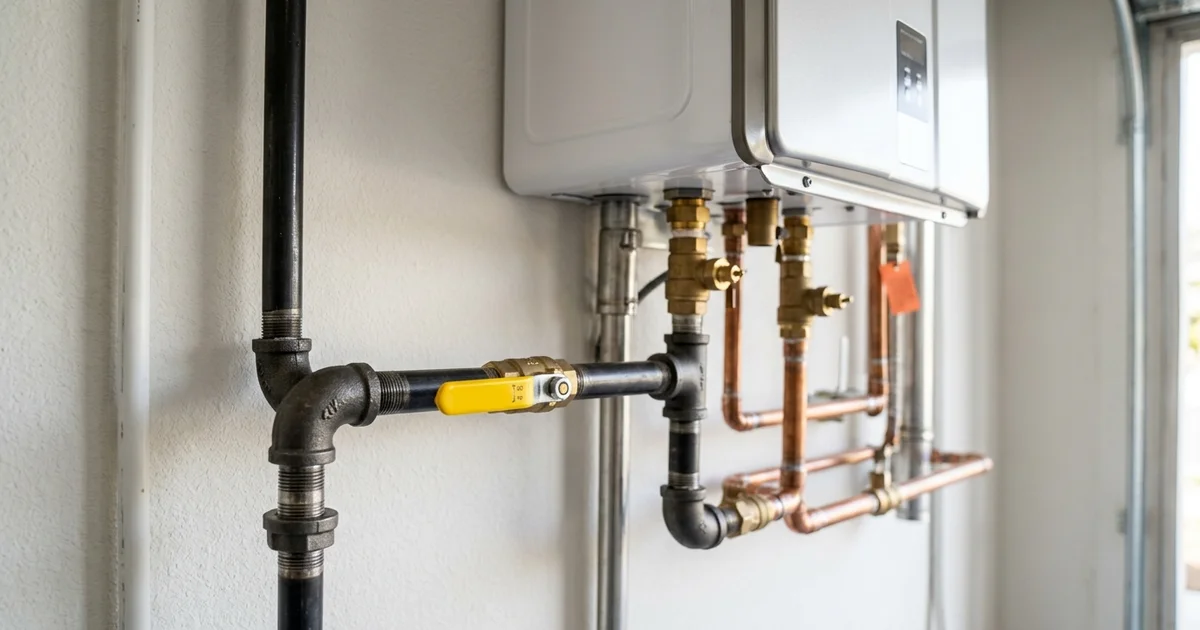 New 3/4-inch black iron gas line with a yellow shutoff valve feeding a tankless unit