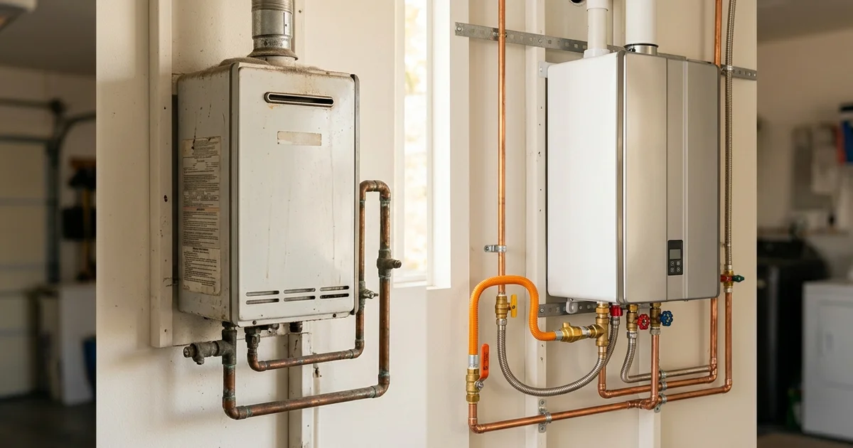 Older tankless unit beside a newly installed replacement in a utility room