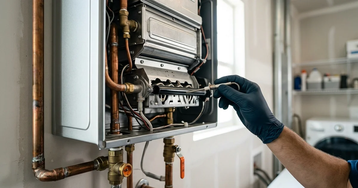 Open tankless unit with burner assembly visible and a technician holding a flame rod