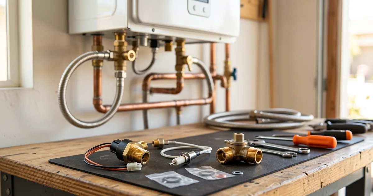 Replacement tankless parts laid out on a workbench: flow sensor, igniter and valve