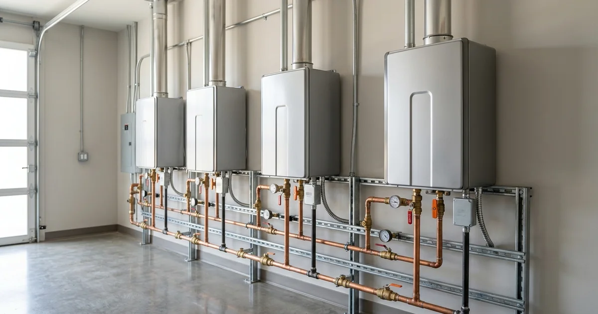 Four wall-mounted tankless water heaters on a common manifold in a commercial mechanical room
