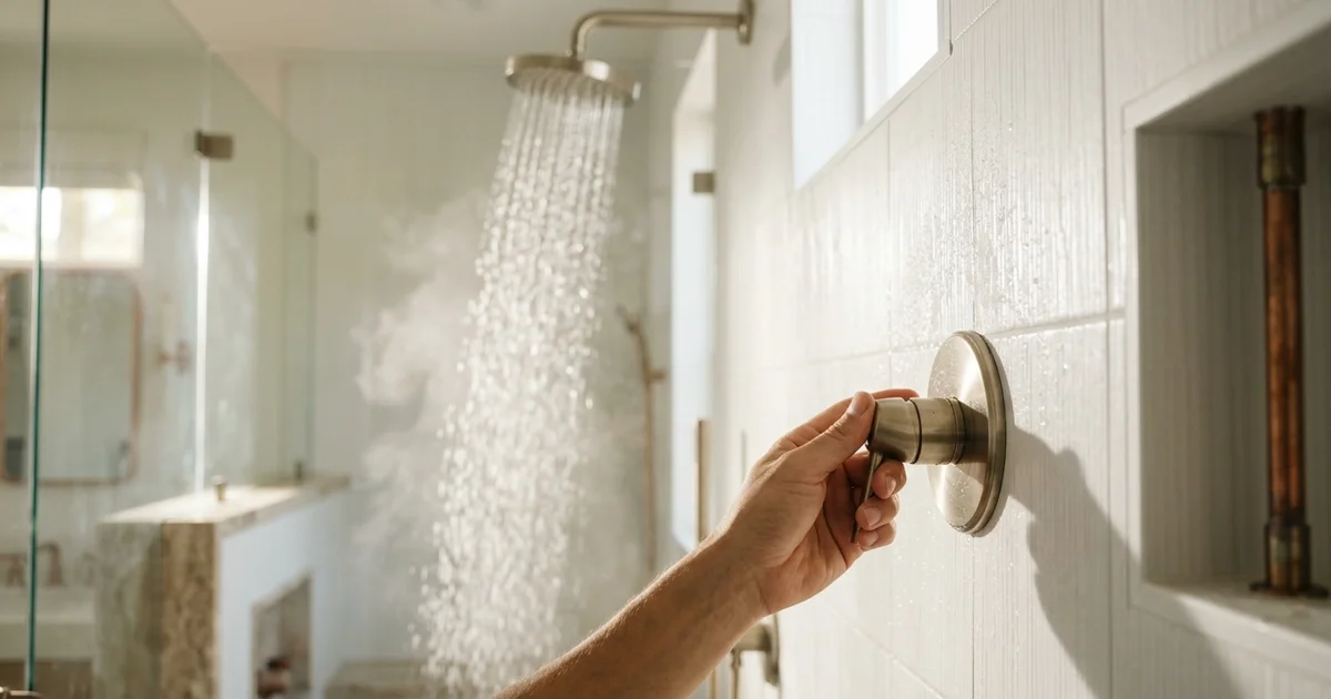 Shower running in a bright bathroom with a hand adjusting the mixing valve