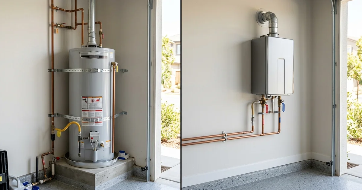Split view of a 50-gallon tank heater and a compact wall-mounted tankless unit