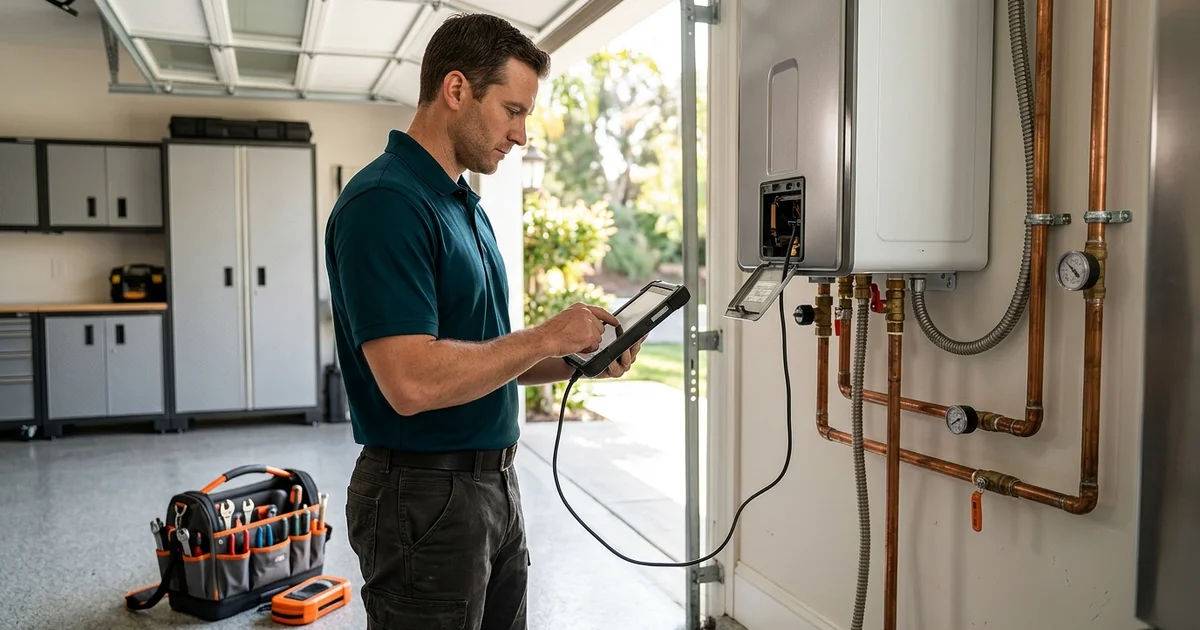 Tankless specialist using a diagnostic tablet connected to a wall-mounted unit
