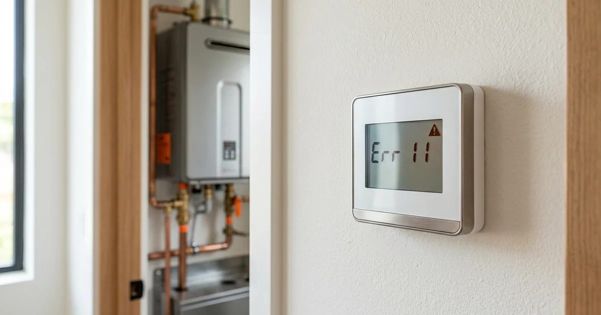 Tankless controller display showing an error code on a hallway wall