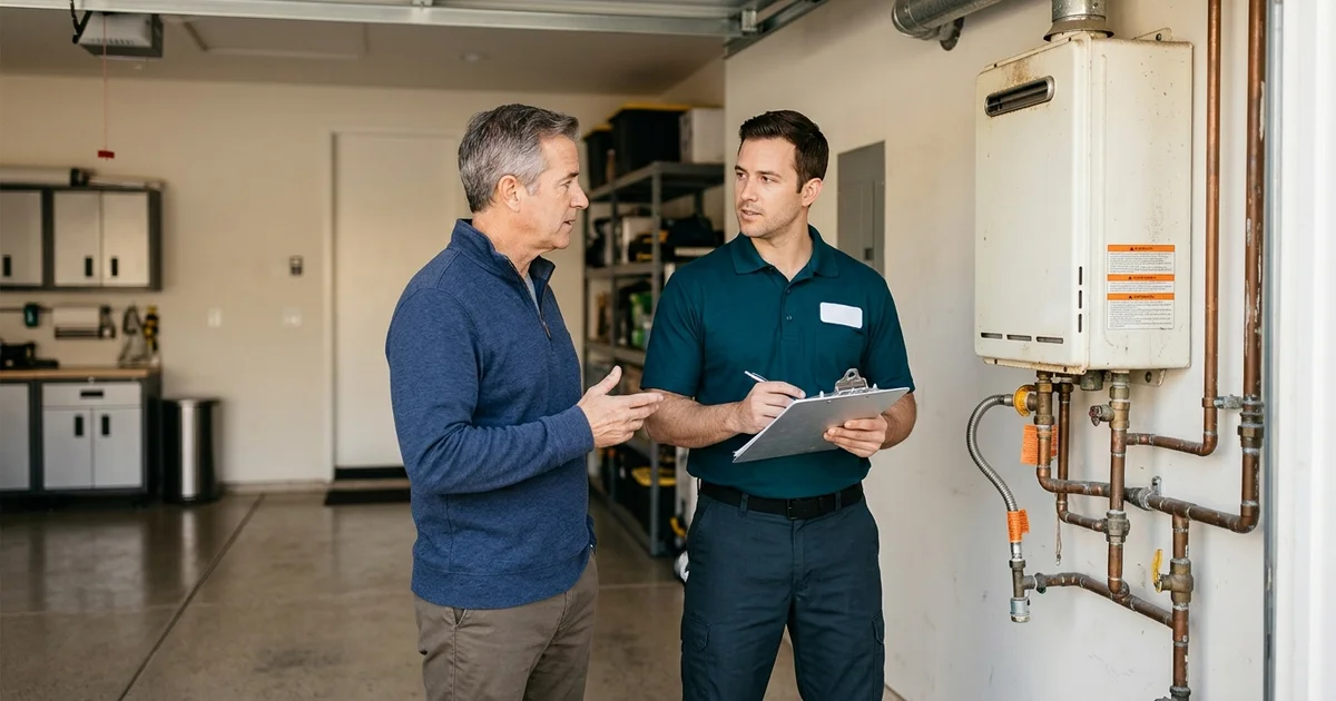 Technician and homeowner discussing an older tankless unit in a garage
