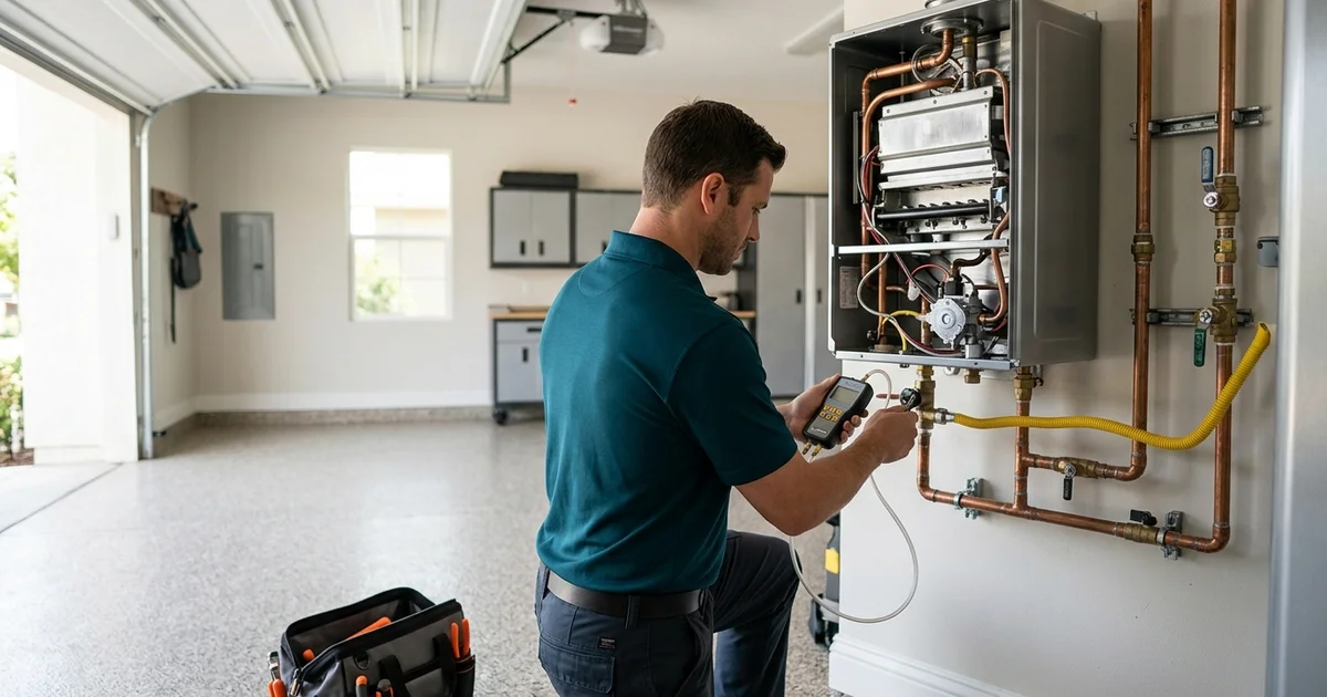 Technician with a manometer adjusting gas pressure on an open tankless unit