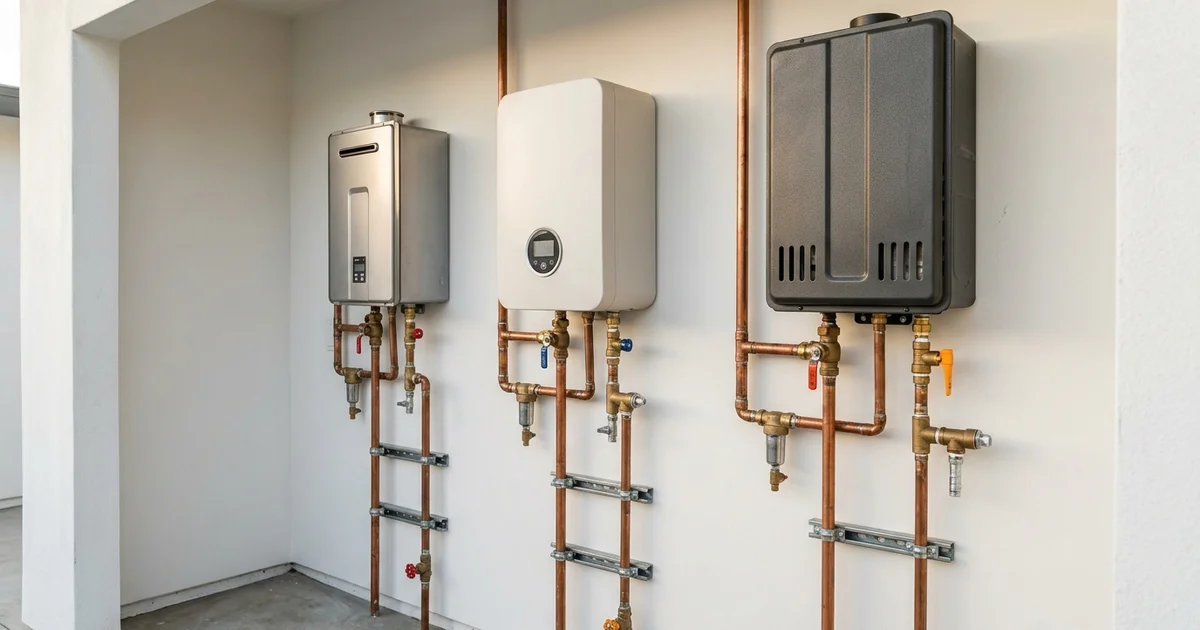 Three tankless water heaters of different designs mounted side by side on a white wall
