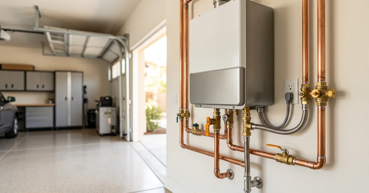 Wall-mounted gas tankless water heater in a clean garage with copper and brass fittings