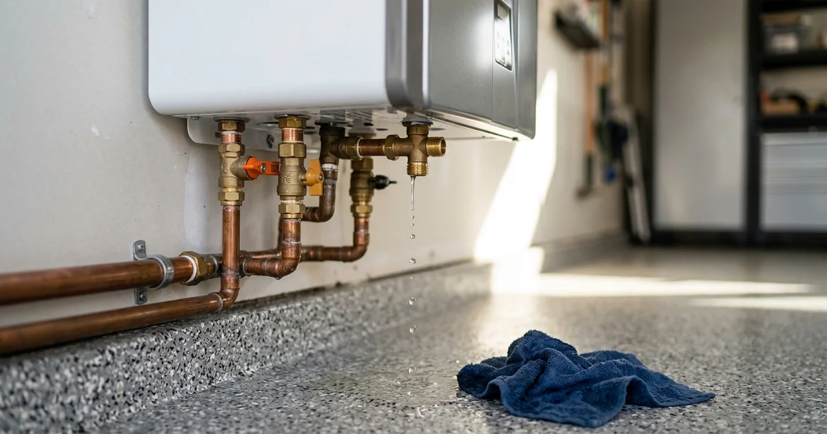 Water dripping from under a wall-mounted tankless unit onto a garage floor