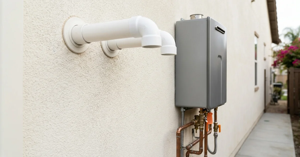 White PVC intake and exhaust vent pipes exiting a stucco wall above a tankless install