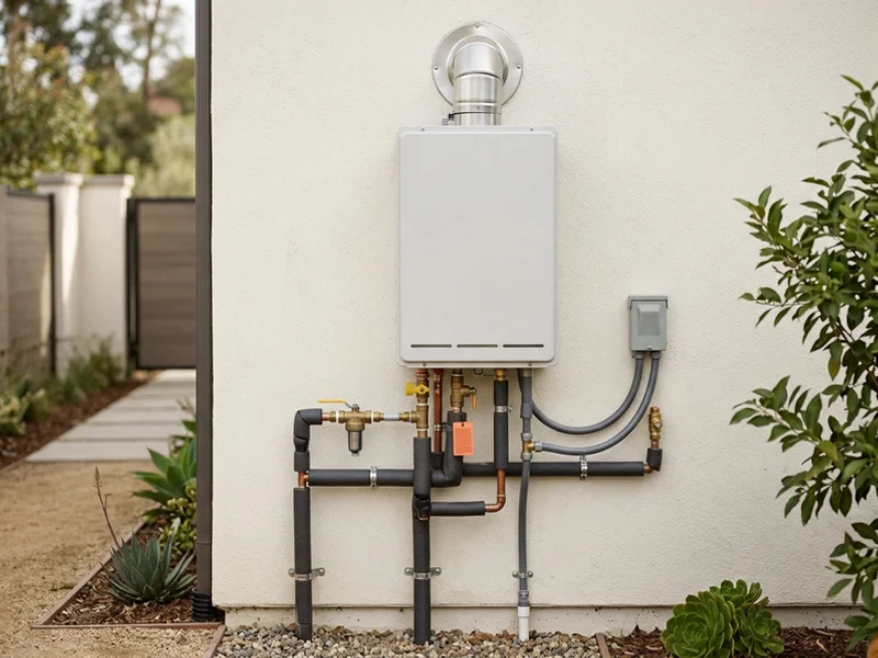 Exterior wall-mounted tankless water heater with insulated pipes and a clean vent termination