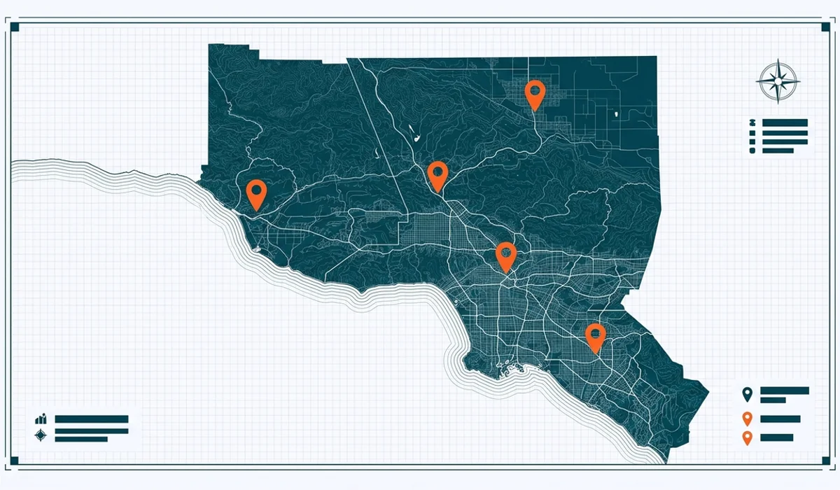 Blueprint-style map of the Los Angeles, Orange and Ventura County service area