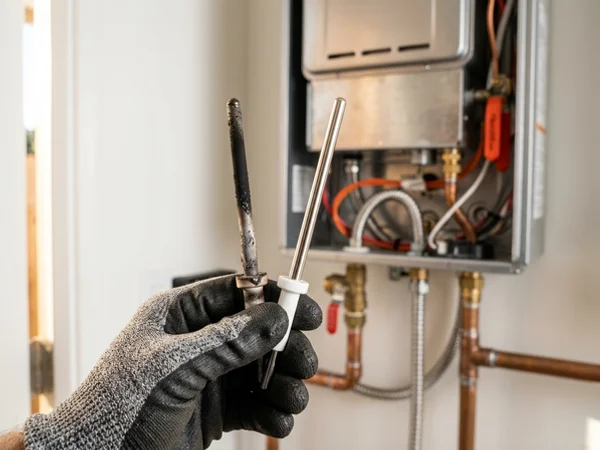 Clean flame rod beside a sooty one during maintenance