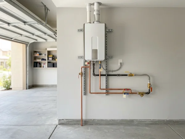 Completed tankless installation with labeled valves and freed-up garage floor space
