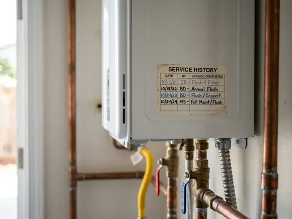 Dated service record sticker on a tankless unit after maintenance