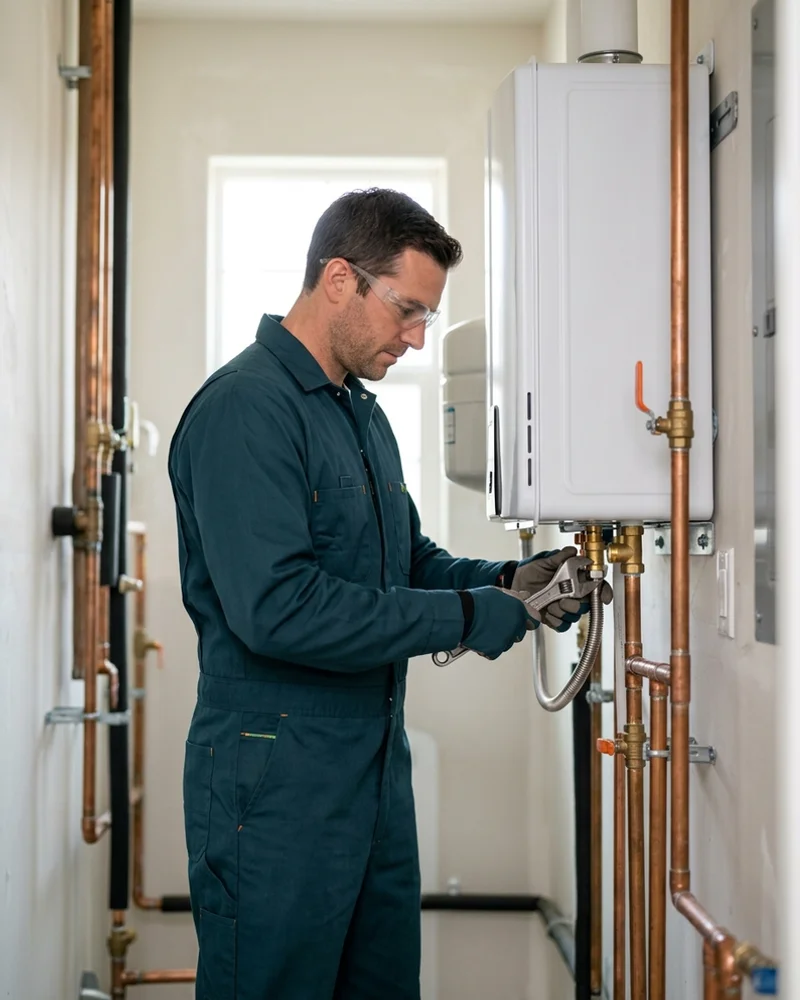 Factory-certified technician connecting a gas line to a new tankless water heater