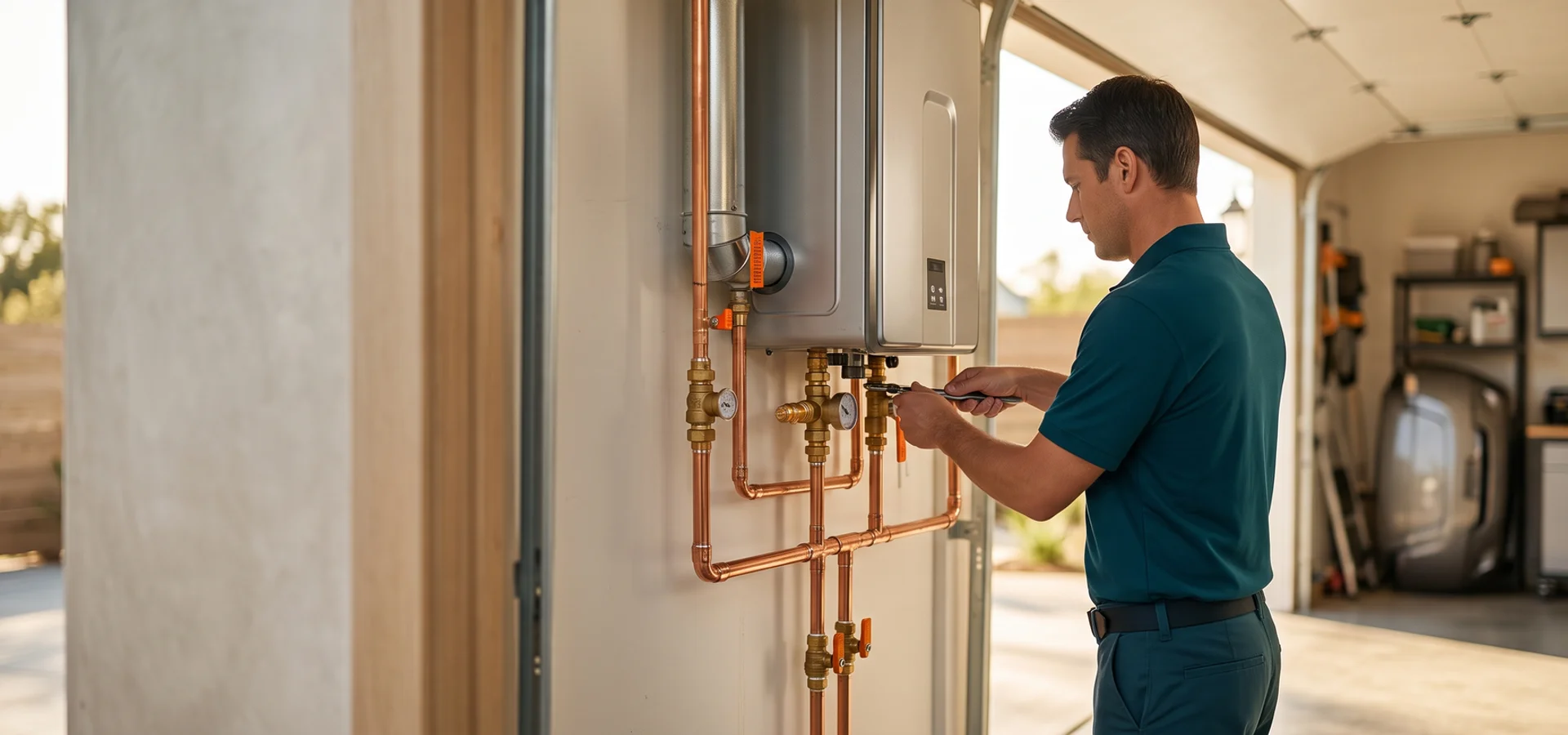 Technician finishing a clean tankless water heater installation in a Southern California garage