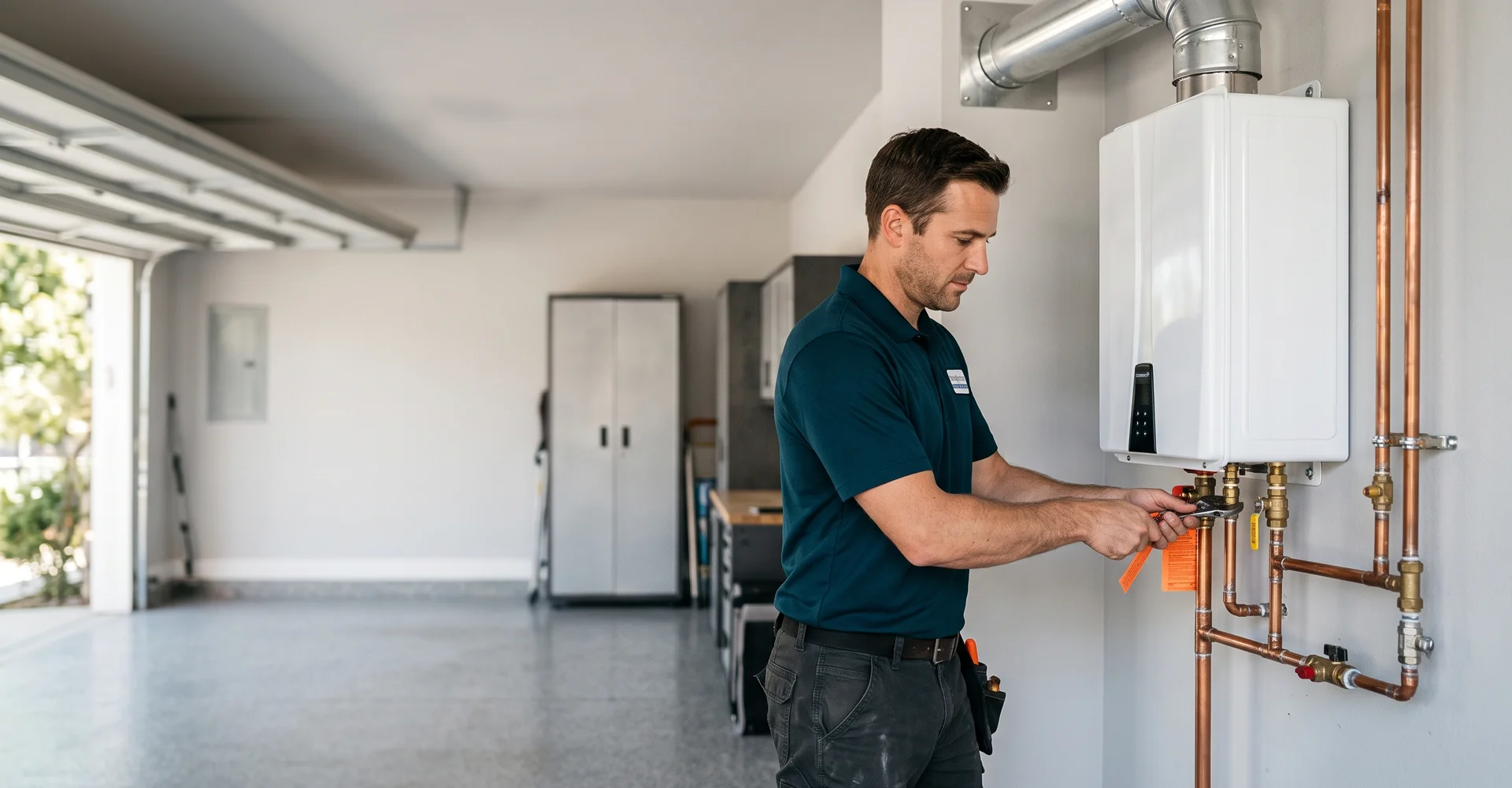Technician mounting a new tankless water heater on a garage wall in Los Angeles