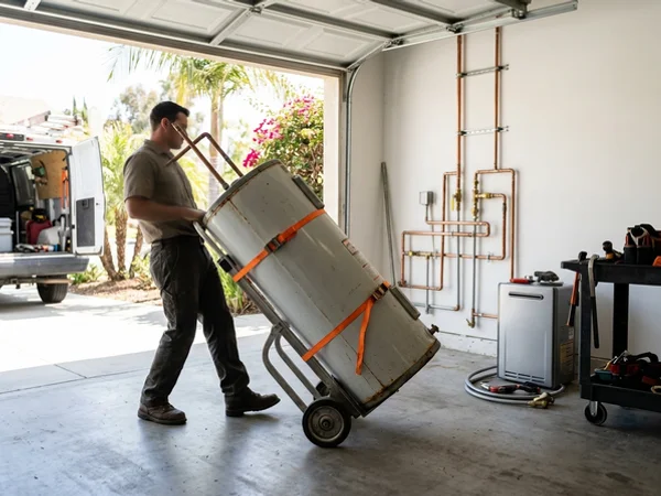 Old 50-gallon tank being removed before a tankless conversion