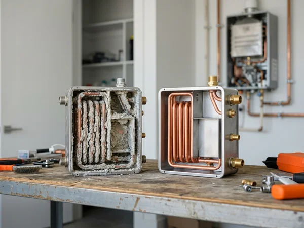 Scaled heat exchanger section next to a clean one