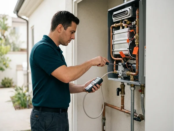 Technician calibrating gas pressure with a manometer