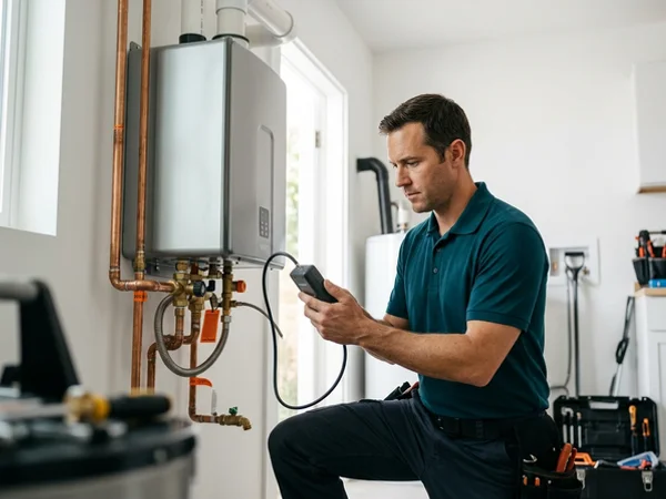 Technician testing gas pressure during startup of a new tankless unit
