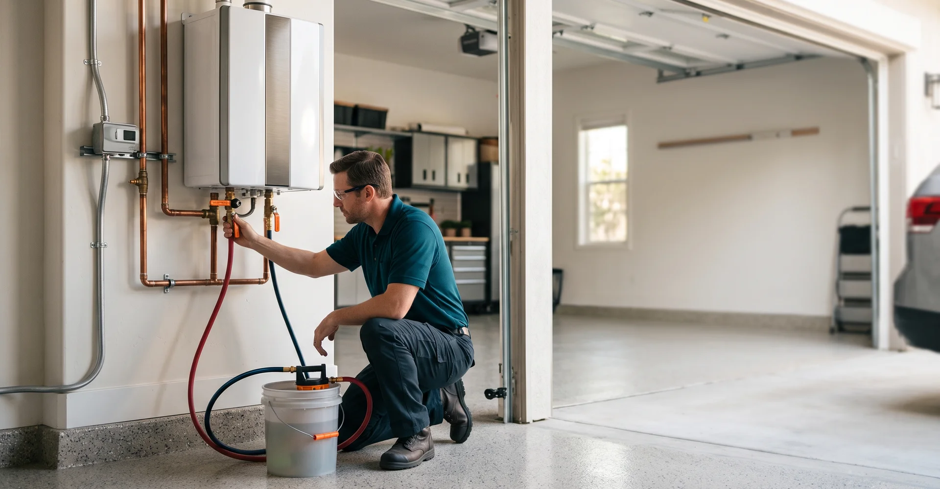 Technician flushing a tankless water heater with a descaling pump connected to the service valves