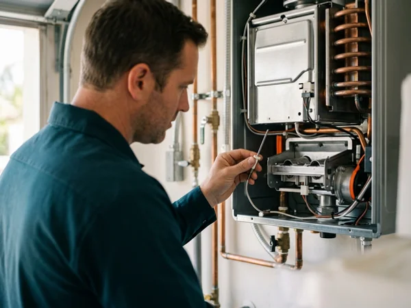 Technician holding a flame rod beside an open burner assembly
