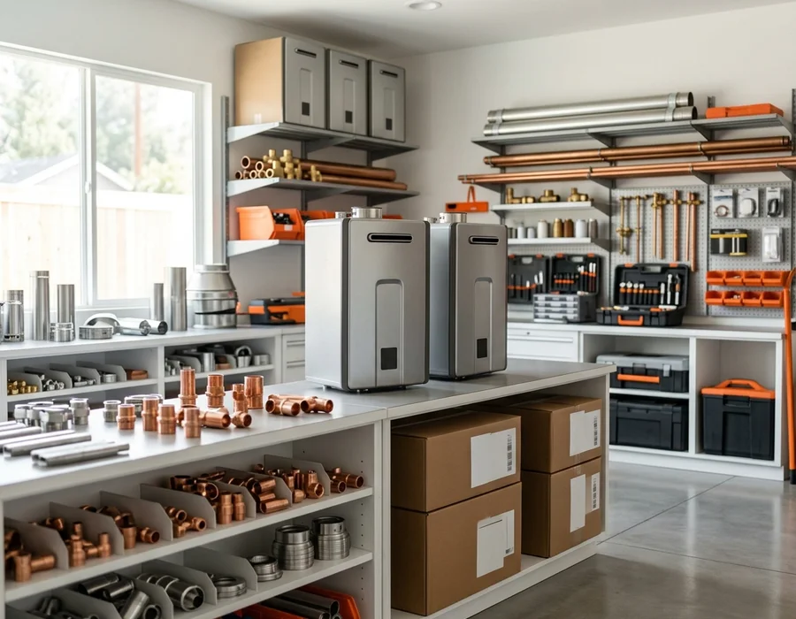 Organized workshop with copper fittings, vent parts and boxed tankless water heaters