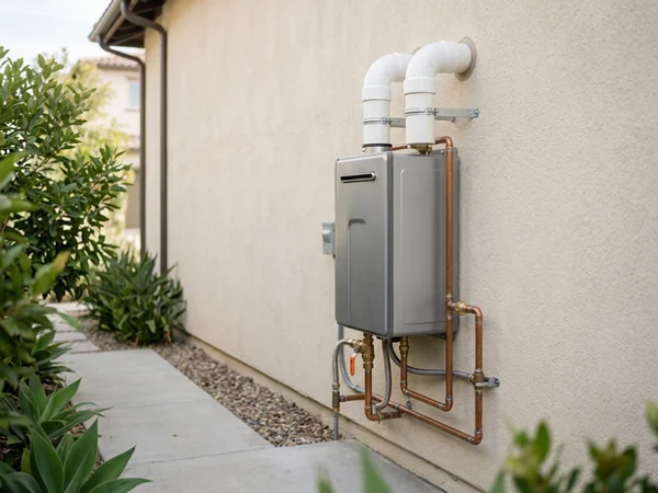 PVC intake and exhaust vents on a stucco wall for a condensing tankless unit